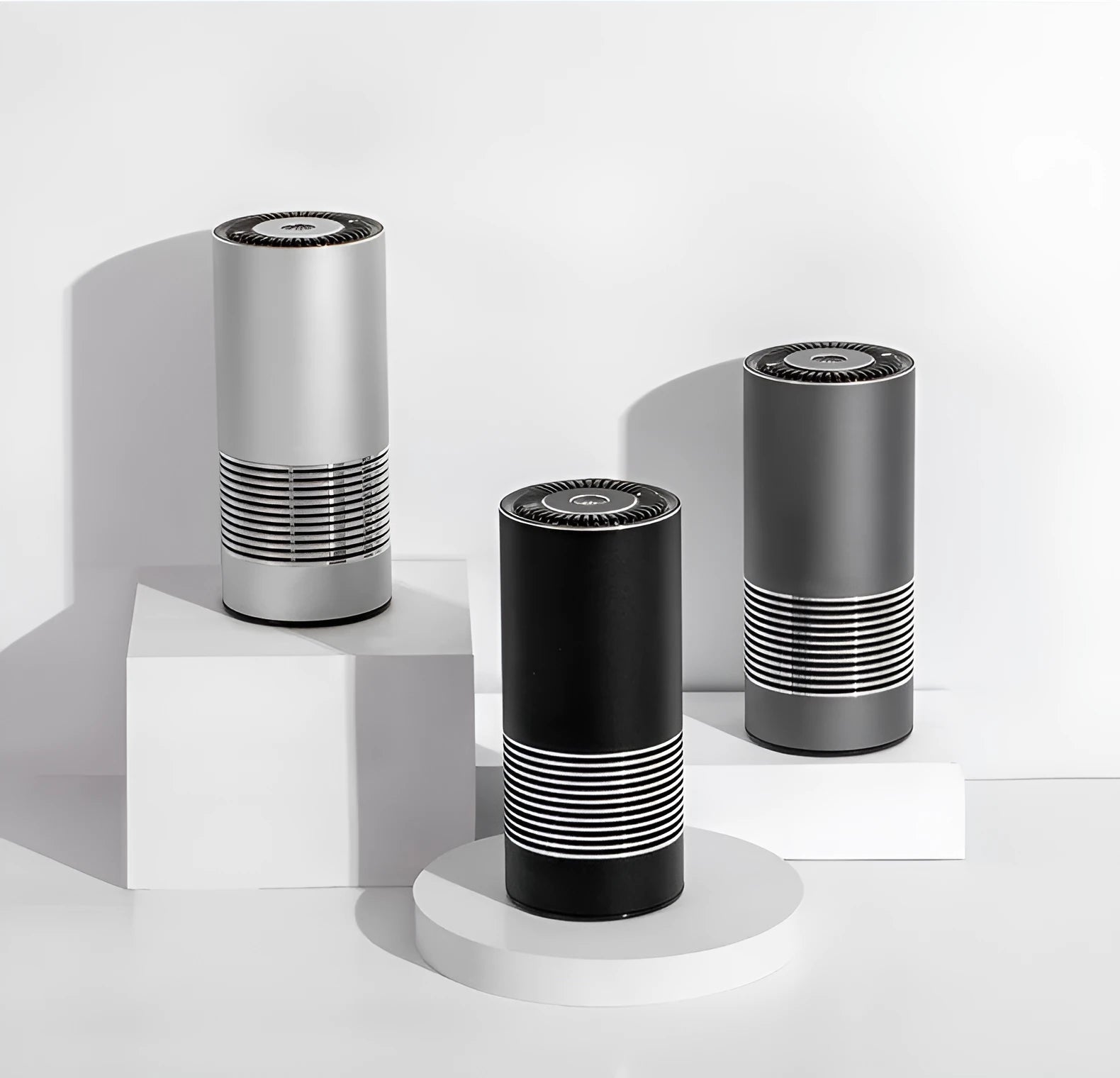 Car indoor wireless air purifier in silver, 65x150mm aluminium alloy body with USB power cord