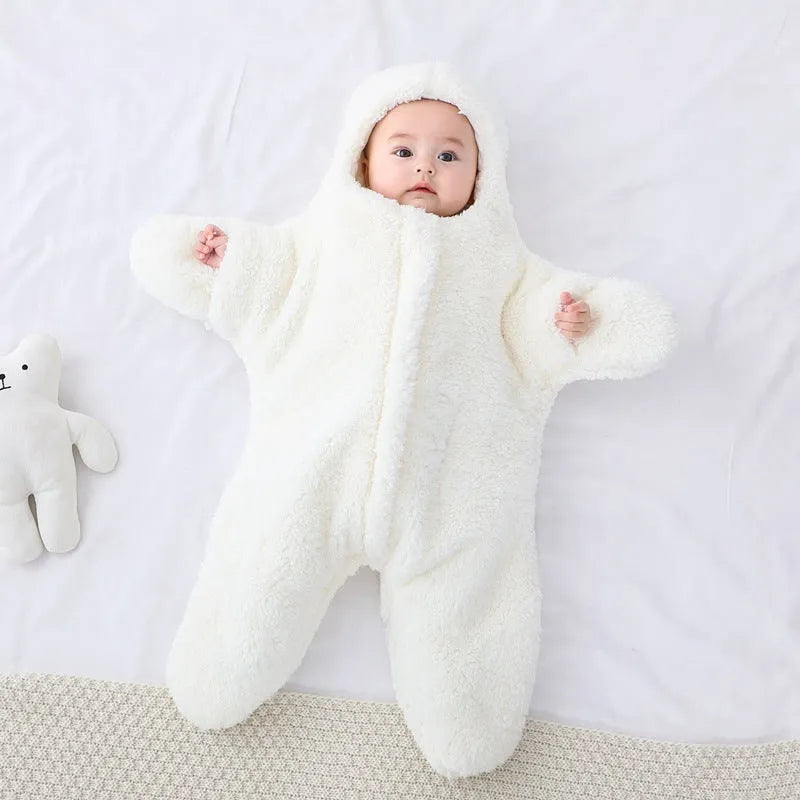 Baby starfish lamb velvet sleeping bag in pink with hood and zip, 76x78x39cm, for newborns 0-6 months