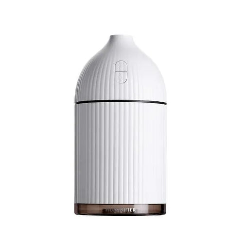 White ultrasonic essential oil diffuser and humidifier with LED light, 300ml capacity, USB cable