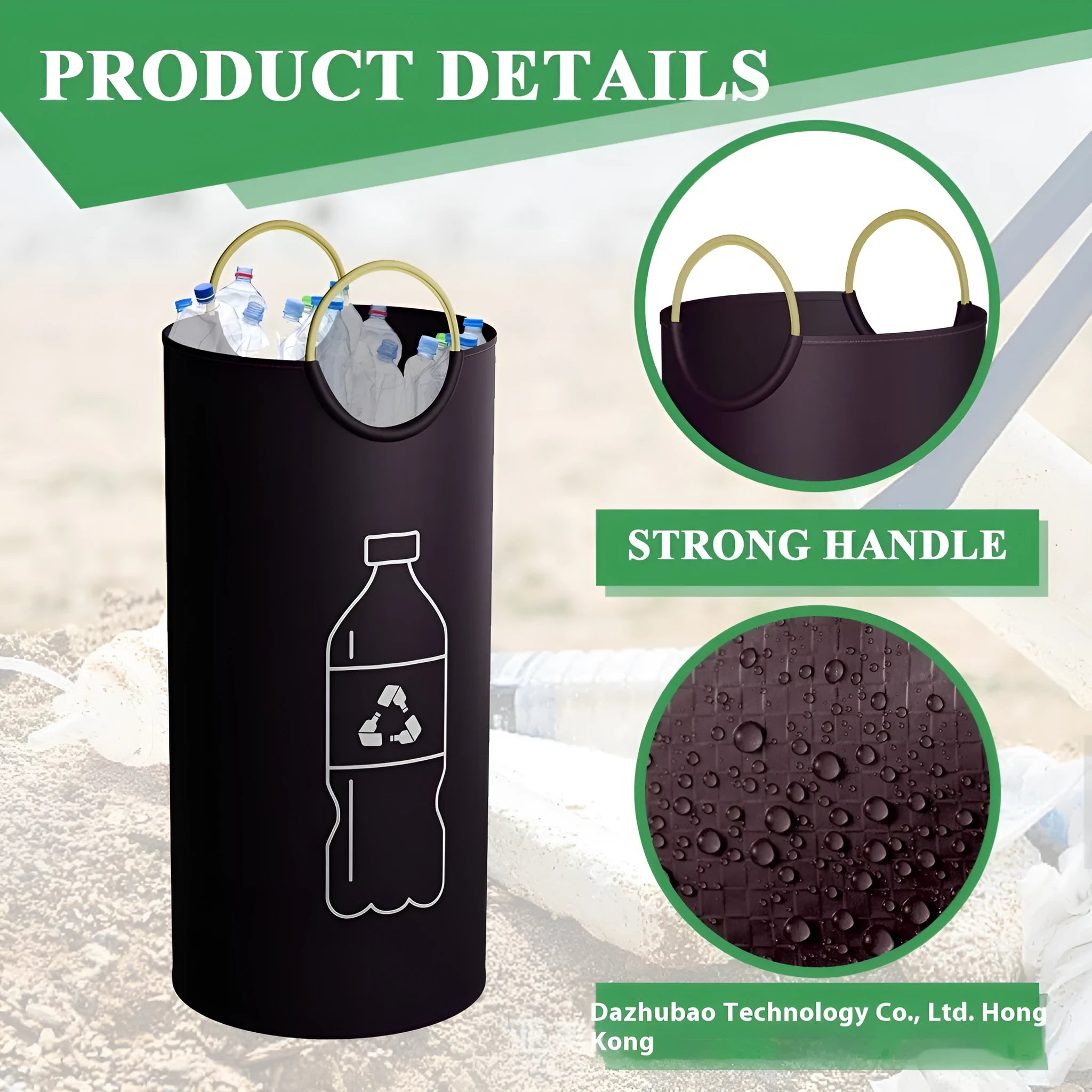Round collapsible portable trash can with a plastic bag liner, shown next to its 38cm x 72cm dimensions.