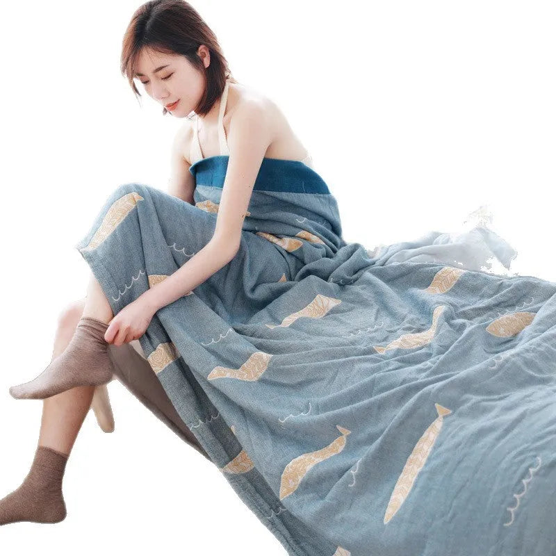 Thickened five-layer pure cotton gauze bed blanket in a modern simple style, shown in blue.