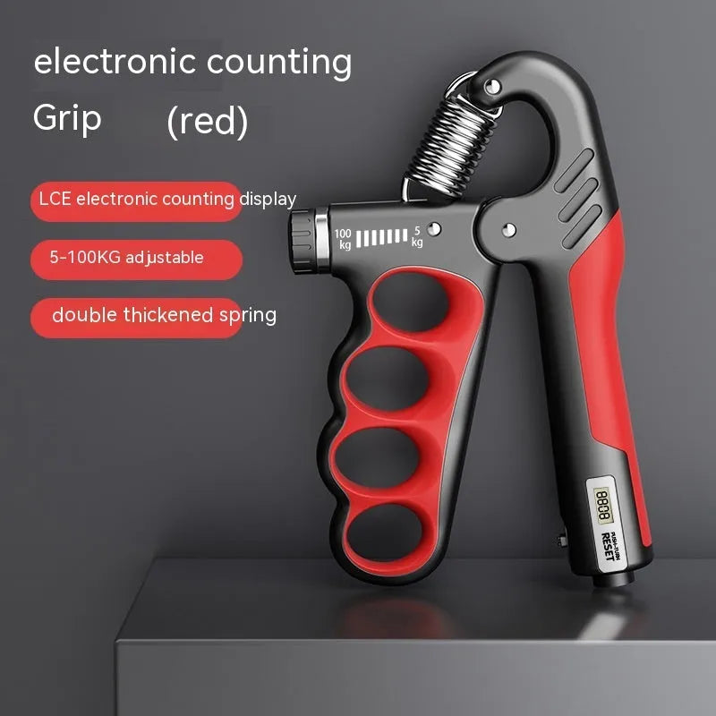 Adjustable electronic counter spring grip in orange colour with digital display.