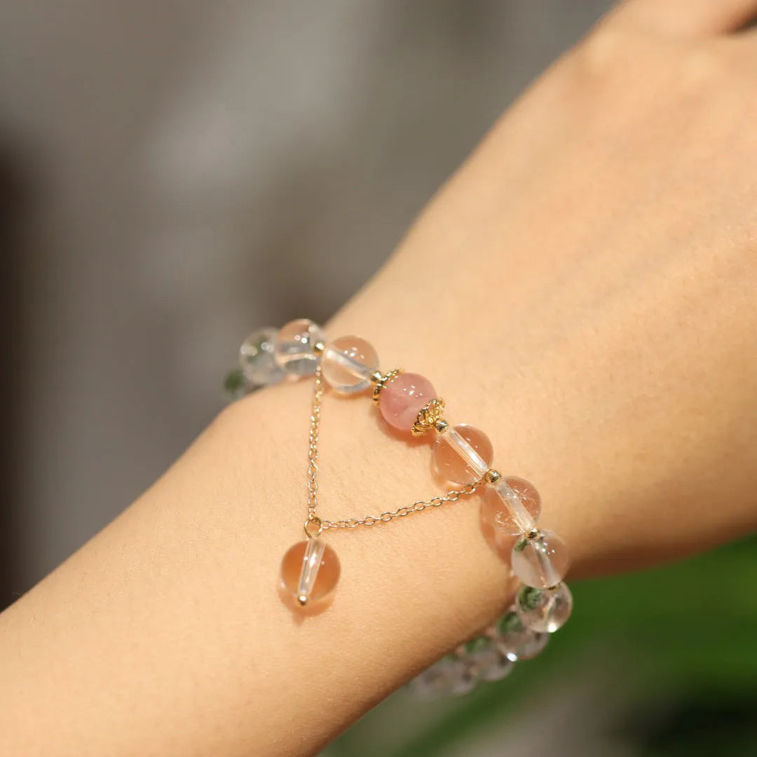 White crystal bracelet with cat eye obsidian beads in geometric Chinese style, unisex size option