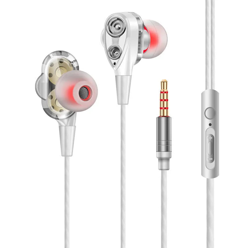 Red quad core dual dynamic metal subwoofer in-ear headphones with 3.5mm cable and inline microphone