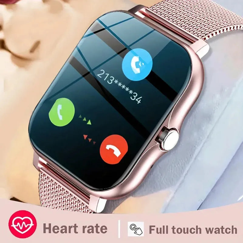 Smart watch with 1.44-inch touch screen showing heart rate display on silicone strap