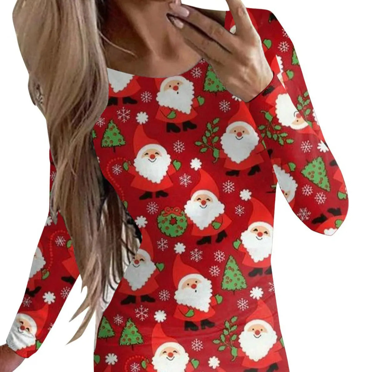 Women's Christmas printed dress with animal patterns, round neck, long sleeves, and hip skirt cut