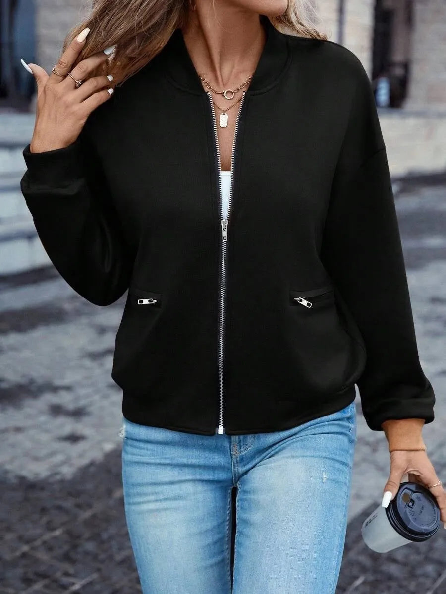 Black women's casual zip jacket with long sleeves and polyester fabric