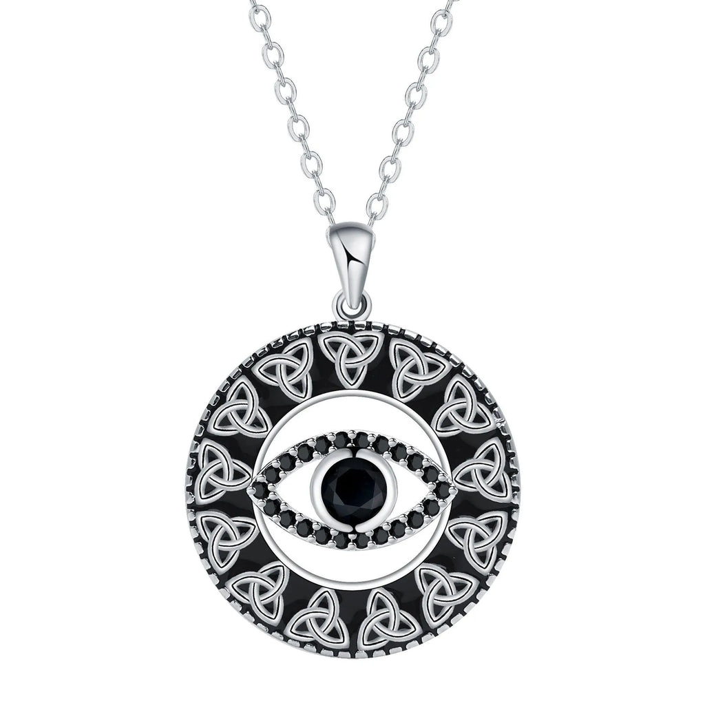 Copper Devil's Eye pendant necklace with cross chain and electroplated finish on display