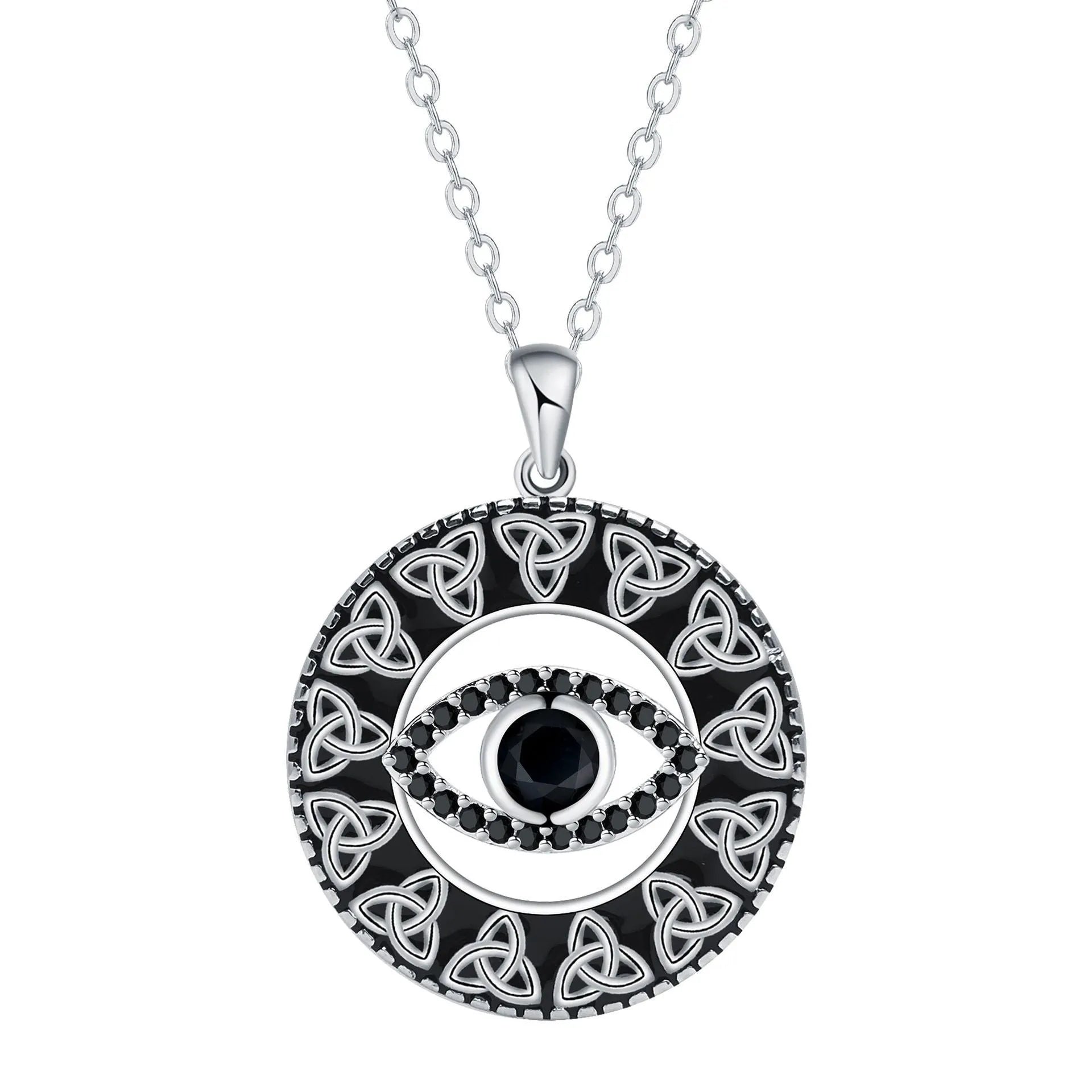 Copper Devil's Eye pendant necklace with cross chain and electroplated finish on display
