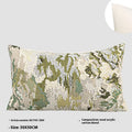 Antique green wool blended cushion with abstract spring flowers pattern, shown in square and waist pillow sizes.