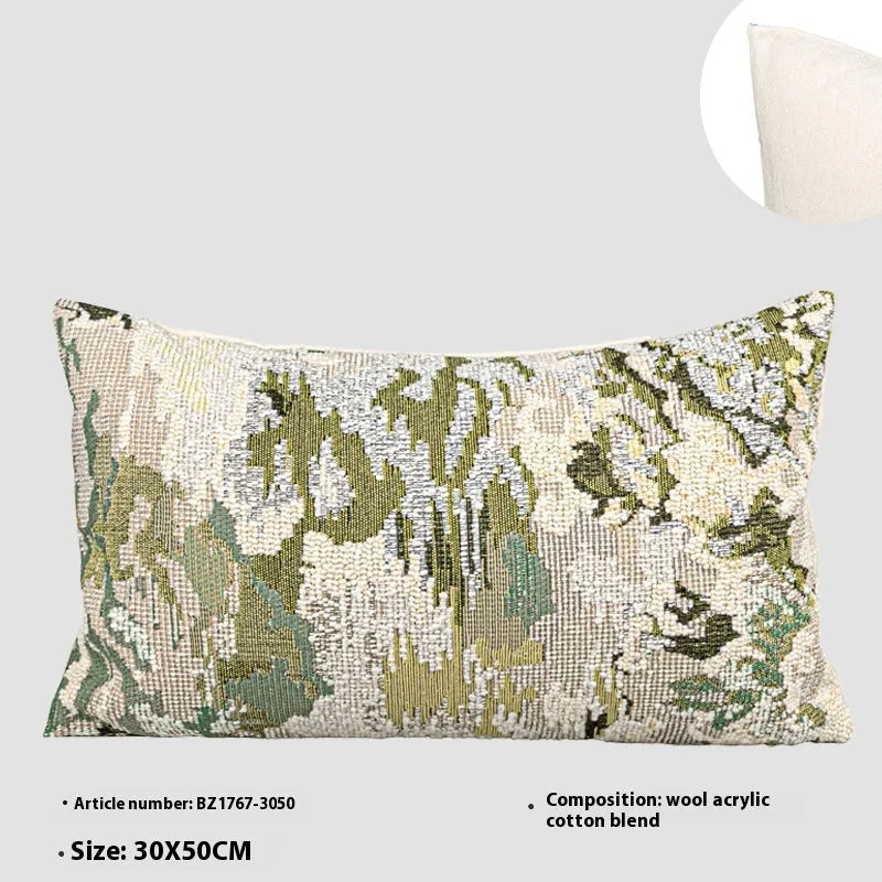 Antique green wool blended cushion with abstract spring flowers pattern, shown in square and waist pillow sizes.