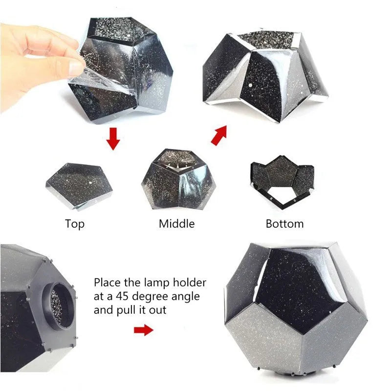 LED star projector showing constellation patterns on bedroom ceiling with remote control