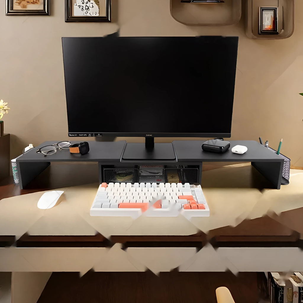 Double-station carbon steel desktop monitor elevated rack with retractable width in wooden finish on a desk