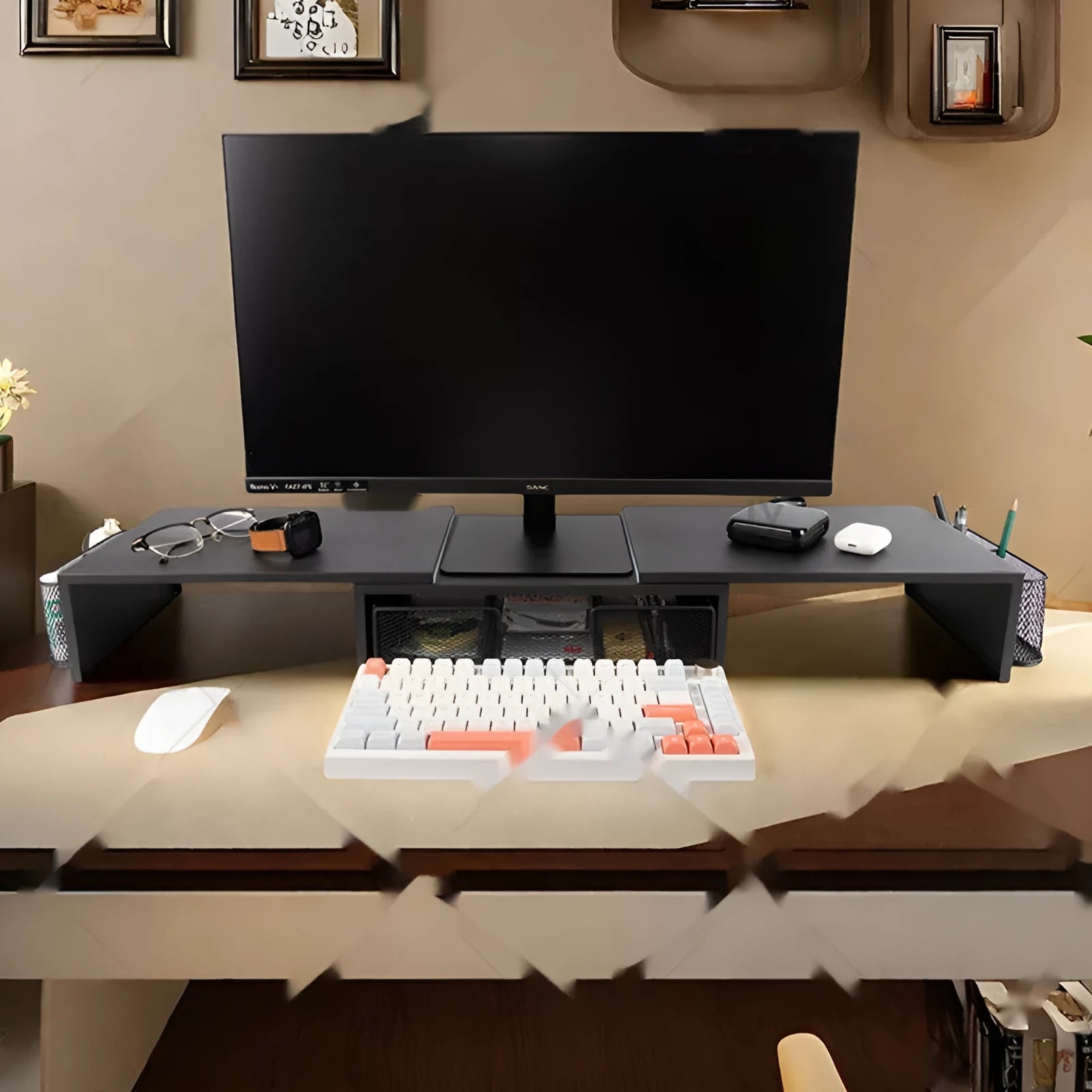 Double-station carbon steel desktop monitor elevated rack with retractable width in wooden finish on a desk