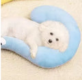 Blue and yellow question mark shaped cat pillow mat next to a moon shaped pet bed.