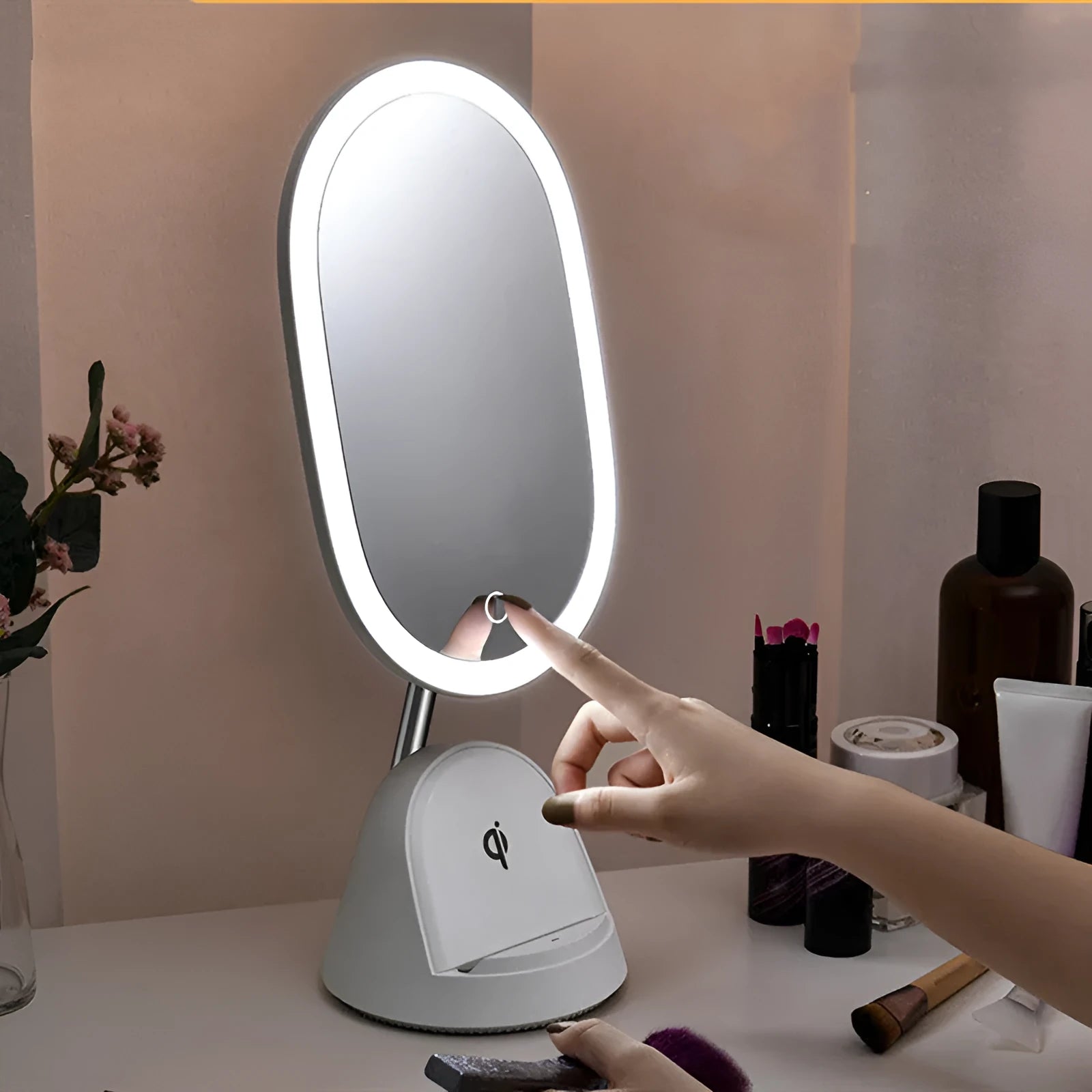 White multifunctional makeup mirror table lamp on desk, socket-powered, size 12.2x12.8x43.9 cm