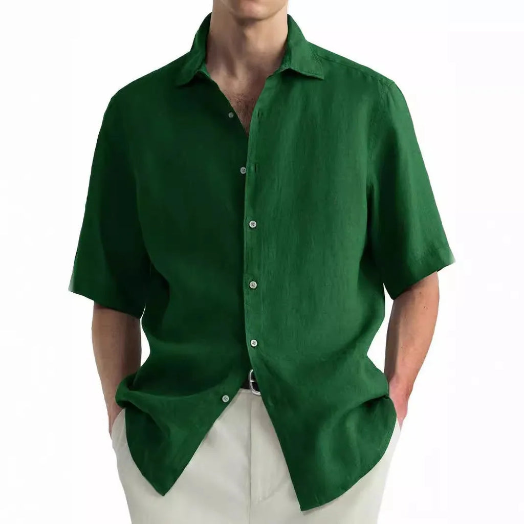 Green men's casual cotton cardigan-style shirt showing regular fit and washed fabric texture