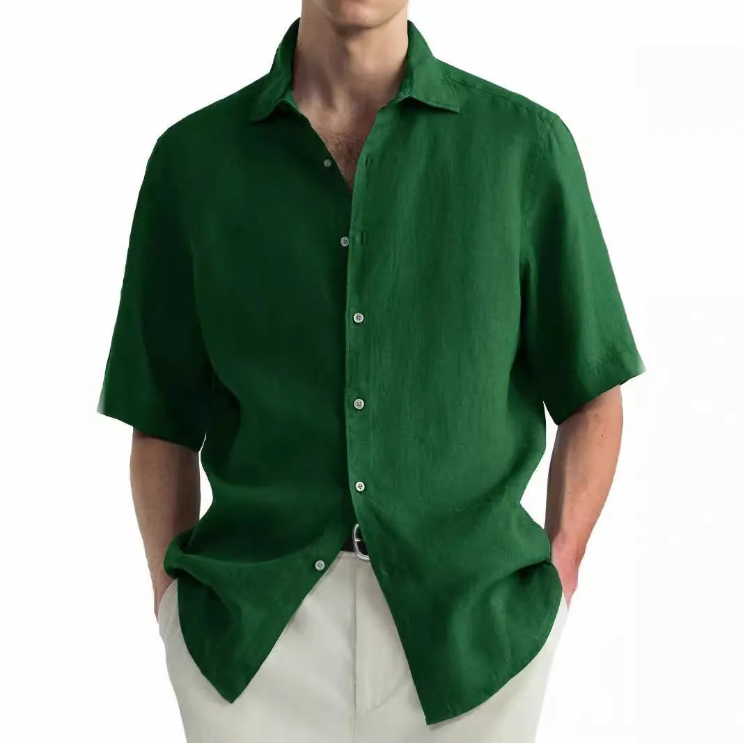 Green men's casual cotton cardigan-style shirt showing regular fit and washed fabric texture