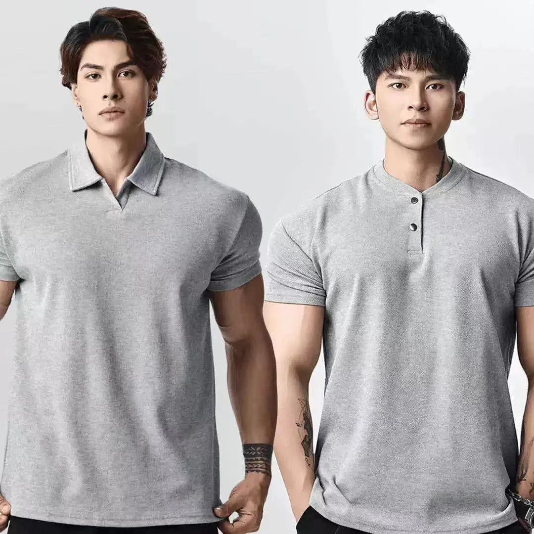 Retro fashion brand all-match casual t-shirt for men solid colour Henry collar loose fit pullover top polyester