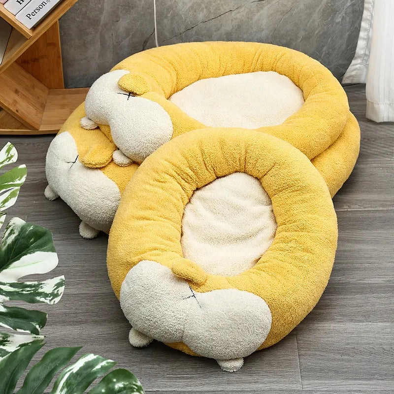 Corgi shaped soft plush pet bed for dogs and cats with PP cotton filling on a floor