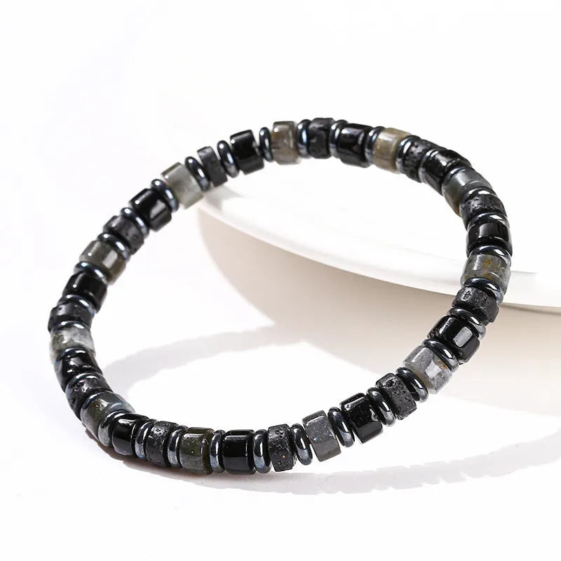 Natural haematite spacer bead bracelet with volcanic rock and aragonite interval beads, 6mm, simple unisex style