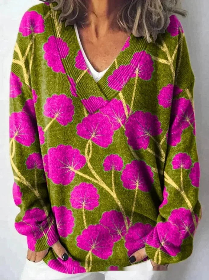 Women's V-neck long sleeve sweatshirt with a 3D floral art retro pattern in various colours