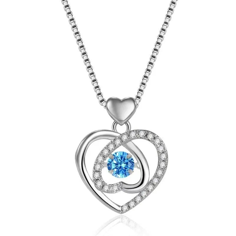 Blue diamond electroplated copper heart necklace and bracelet set with mixed gem inlaid pendant on adjustable 41-50cm chain