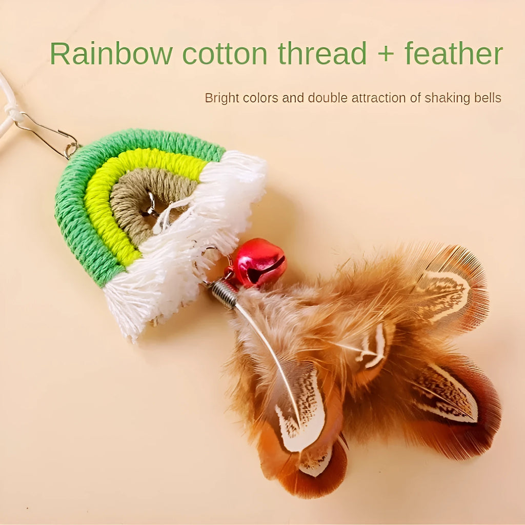 Blue feather rope cat toy hanging from door on elastic cord with adhesive clamp