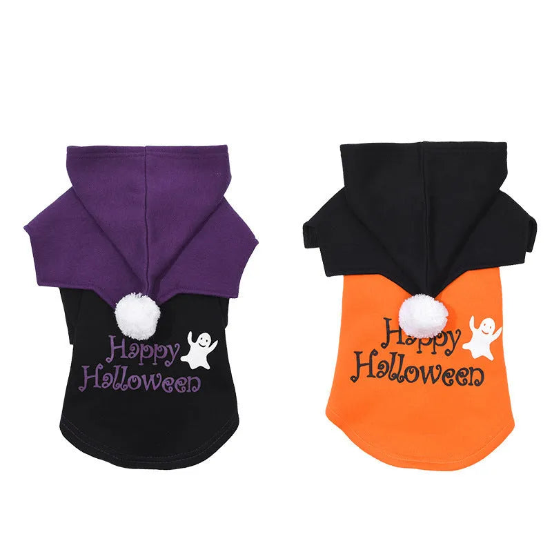 Halloween pumpkin print dog sweater and shawl costume in black or orange colours