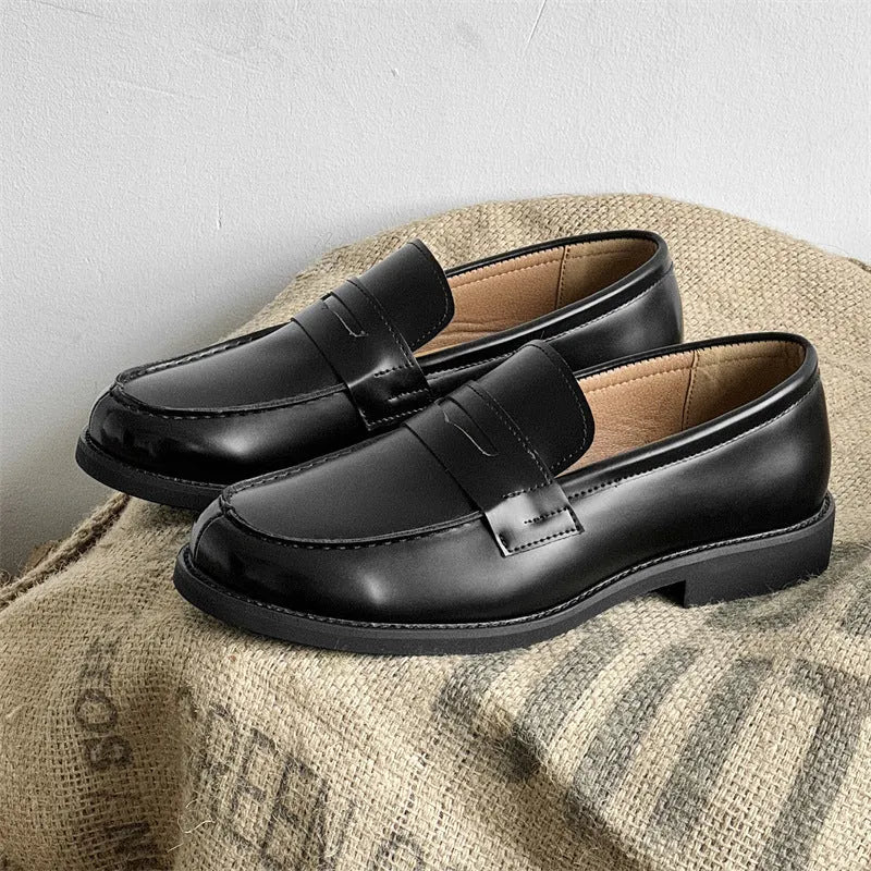Men's classic slip-on black derby leather shoes with height increasing insole, microfiber upper, rubber sole, sizes 36-46