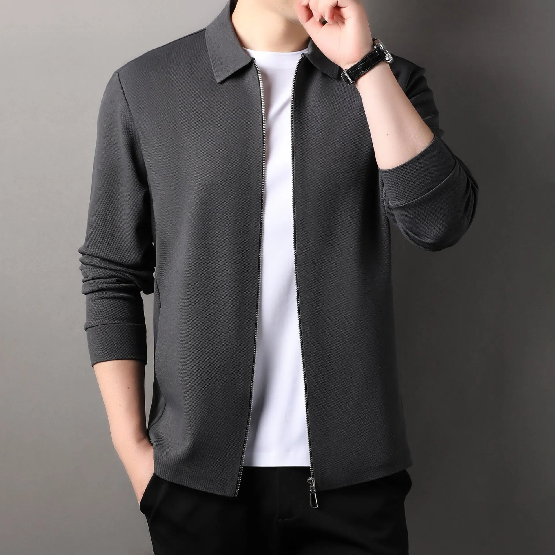 Men's polyester jacket in apricot colour with long sleeves and a straight hem.