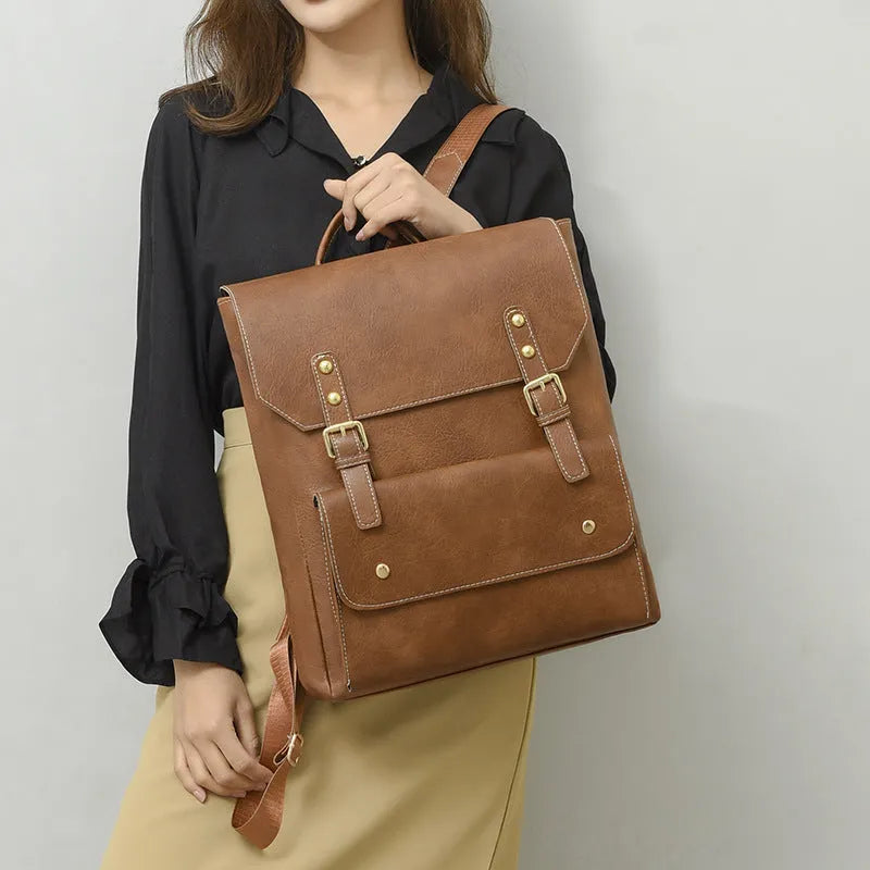 Korean style retro backpack in soft PU leather showing ventilation features and available colour options