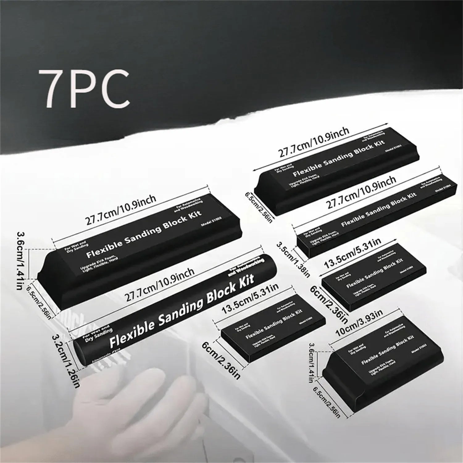 Seven black EVA foam modelling blocks with a frosted texture arranged together.