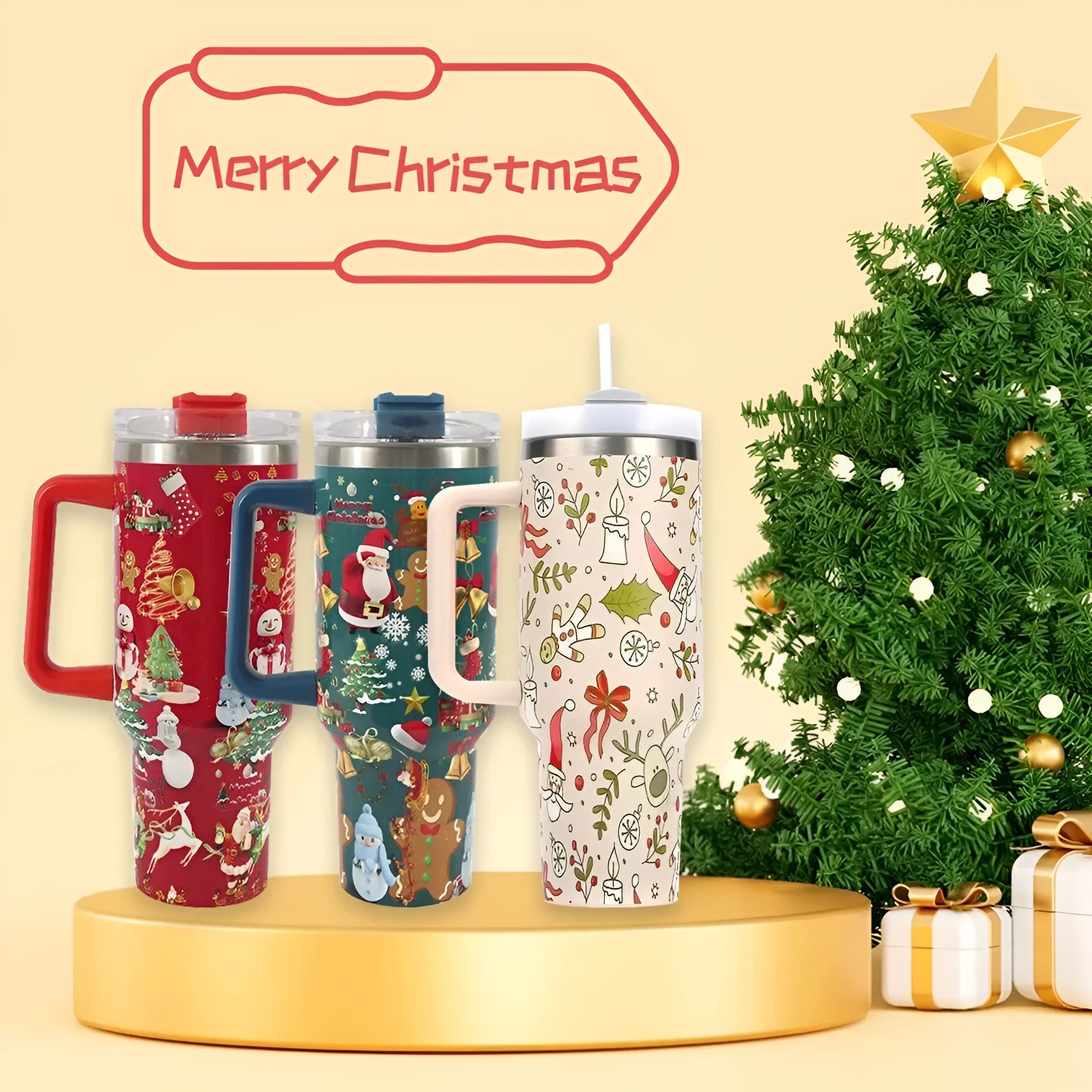 Christmas pattern stainless steel vacuum tumbler with handle and straw, 1200ml capacity, leakproof lid