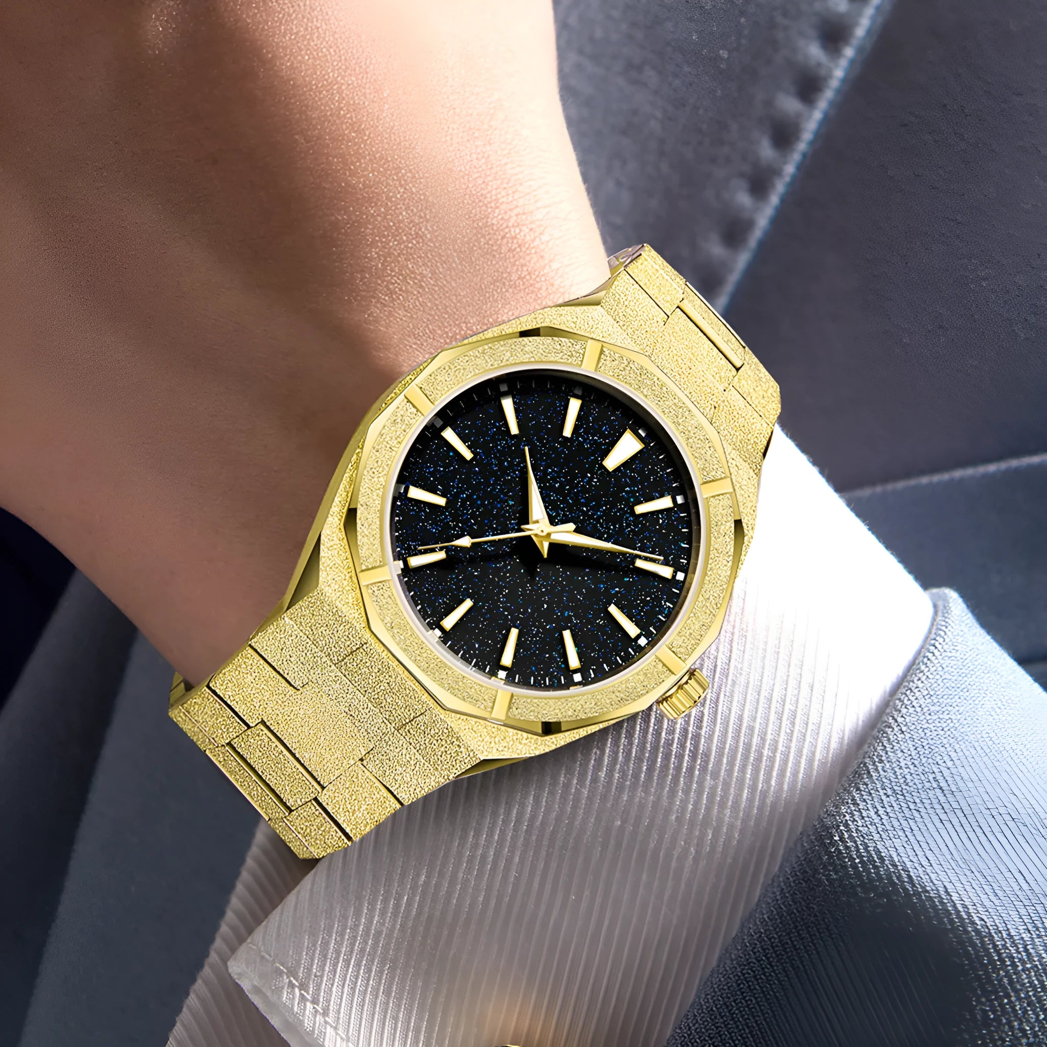 Men's stainless steel business watch with frosted case and luminous markers in black, gold or silver