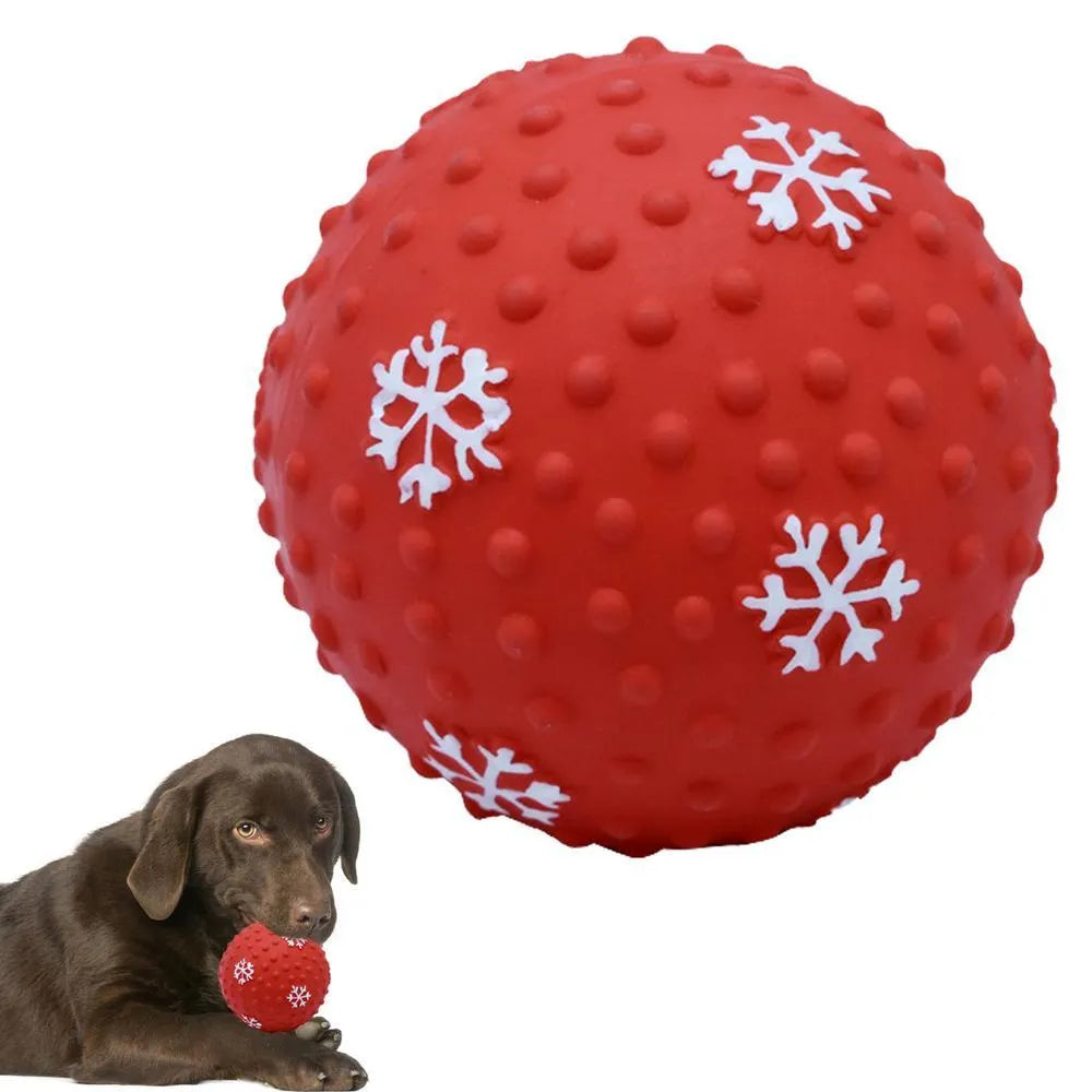 Red and green festive dog toy balls with snowflake patterns, 7cm diameter, with squeaker and air vents