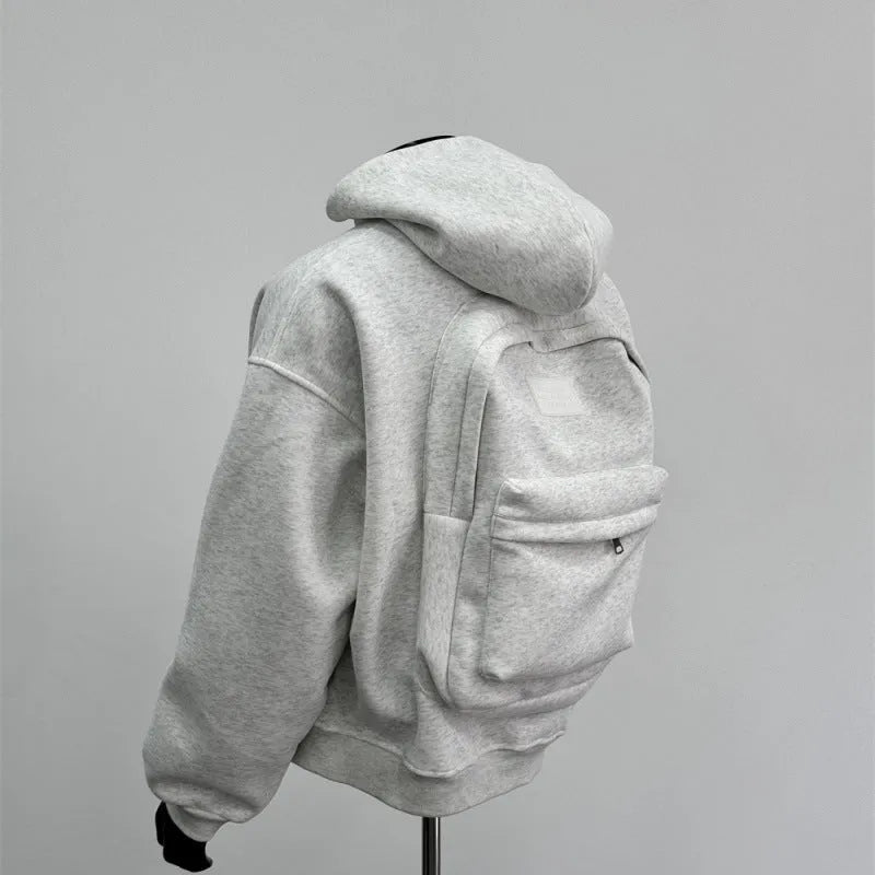 Men's back schoolbag design coat in light gray with hood and floral print, front view