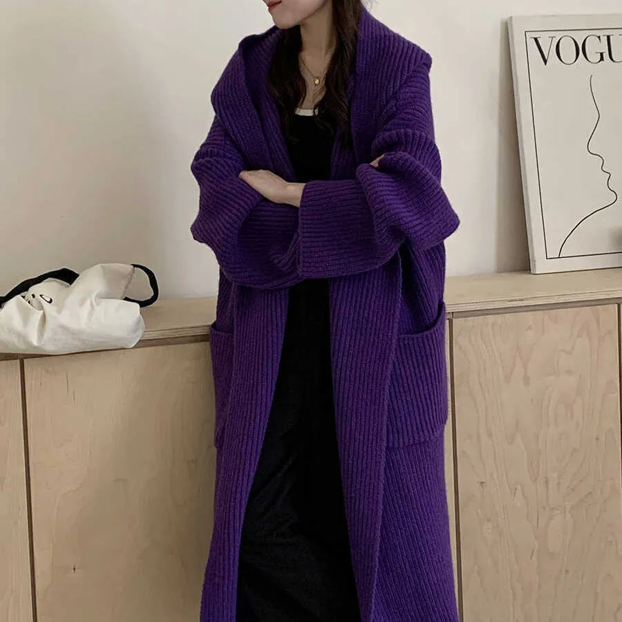 Women's loose hooded cardigan coat in acrylic fabric with extended length and raglan sleeves