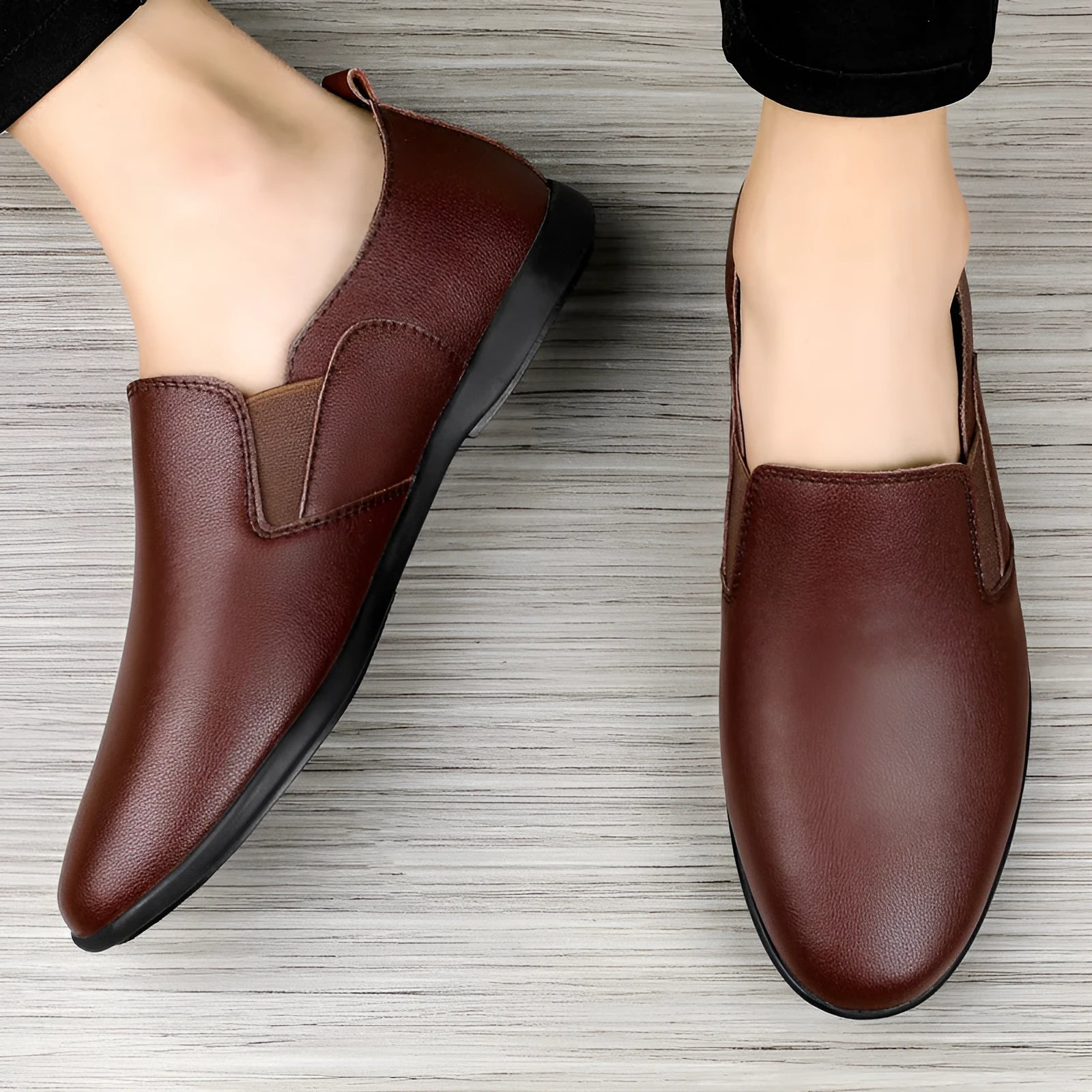 Men's black cowhide leather round toe business casual shoes on a white background