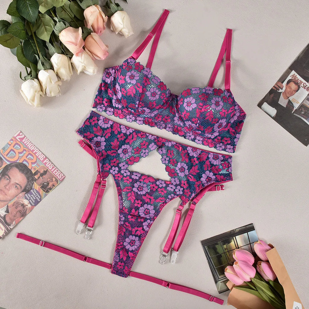 Women's contrast colour embroidered bikini set in rose red, polyester fabric, shown flat lay