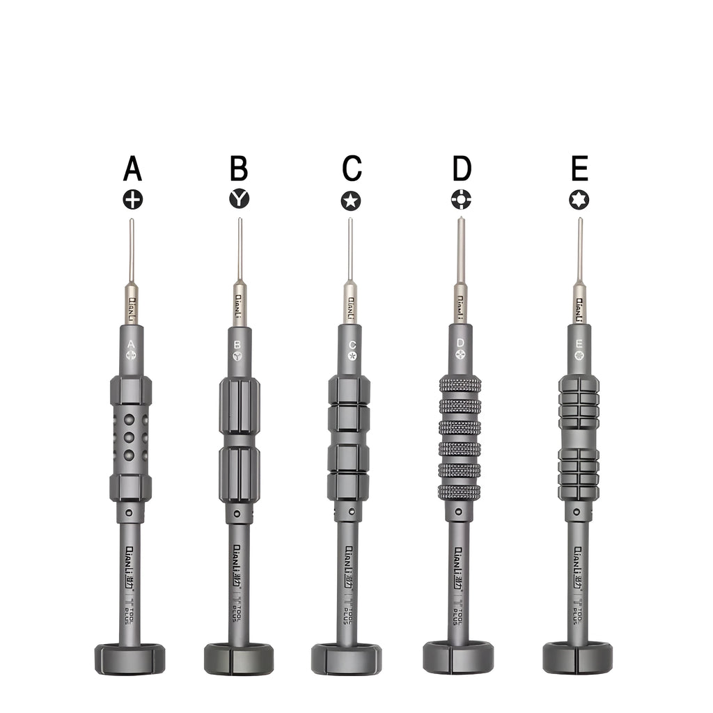 Precision screwdriver set with grenade-shaped aluminium handle and five bit types for iPhone repair