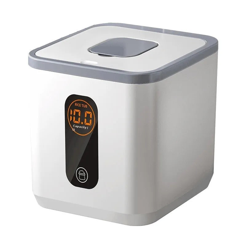 Grey plastic rice storage jar with lid, showing three size options for 10kg, 20kg and 30kg capacity