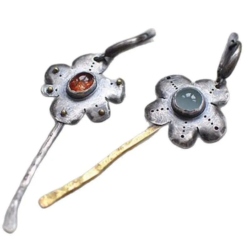 Fashion retro two-tone flower long earrings for women, asymmetrical two-colour alloy drop earrings with electroplated finish