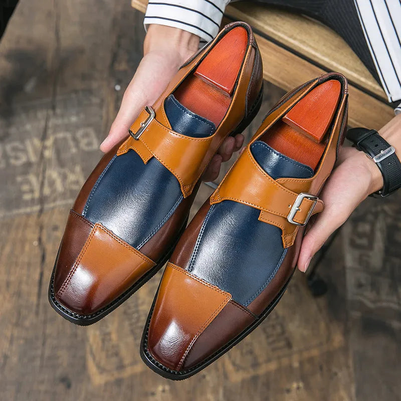 Men's British style retro buckle casual shoes in brown blue and black colours with tall crown design