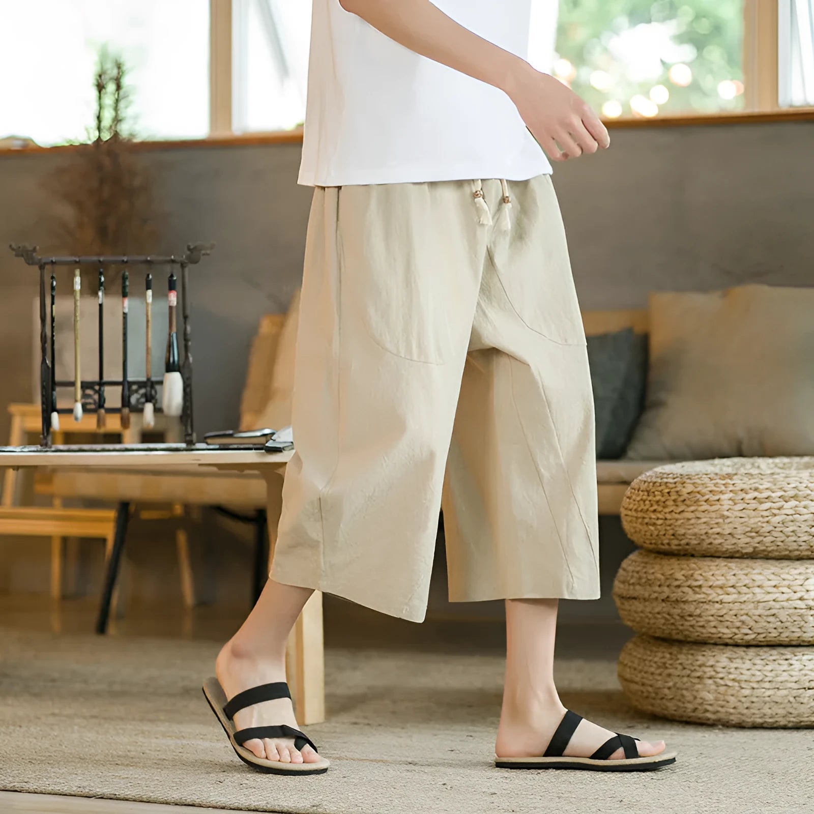 Summer plus size cotton and linen casual straight leg shorts for women in khaki, available in sizes M to 5XL