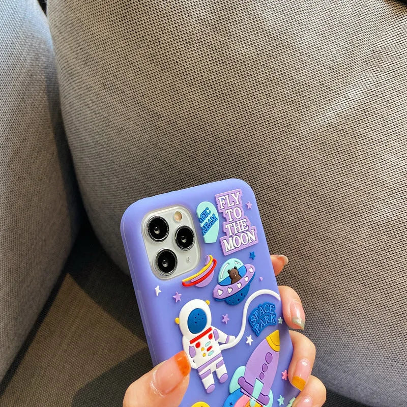 Purple silicone gel mobile phone case with spaceman astronaut cartoon design for iPhone