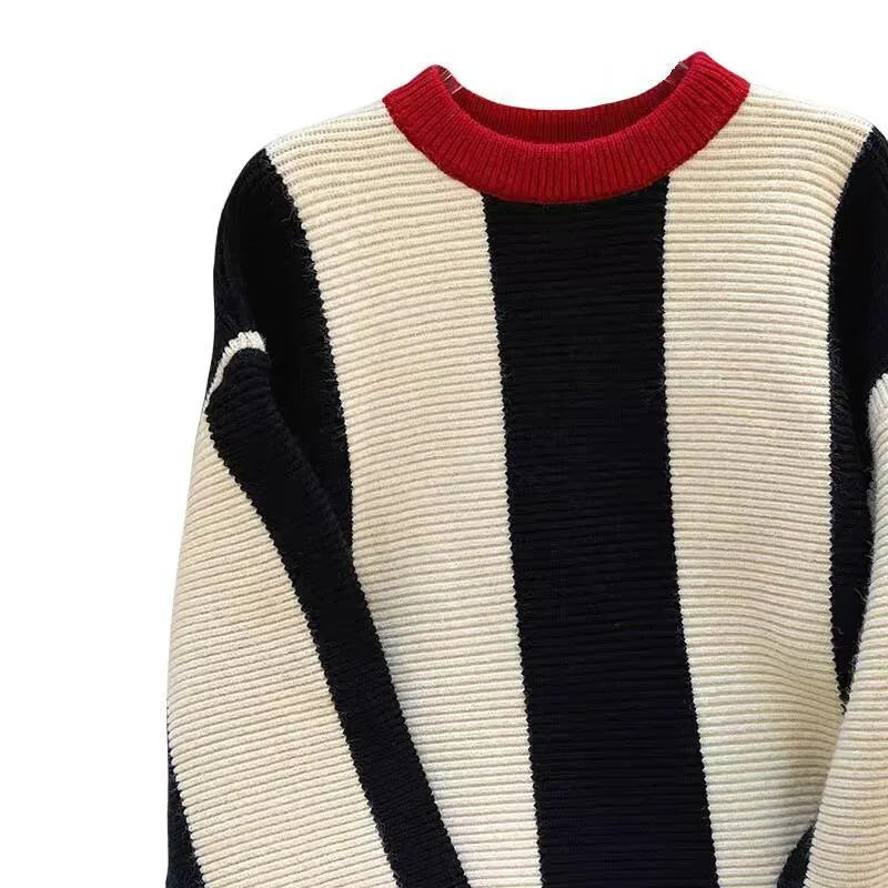 Women's contrast colour striped cashmere pullover sweater with round neck