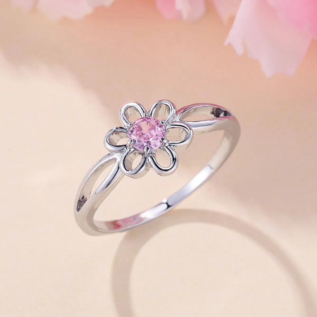 Lady's flower hollowed fashion simple copper ring with electroplating finish in platinum pink diamond colour
