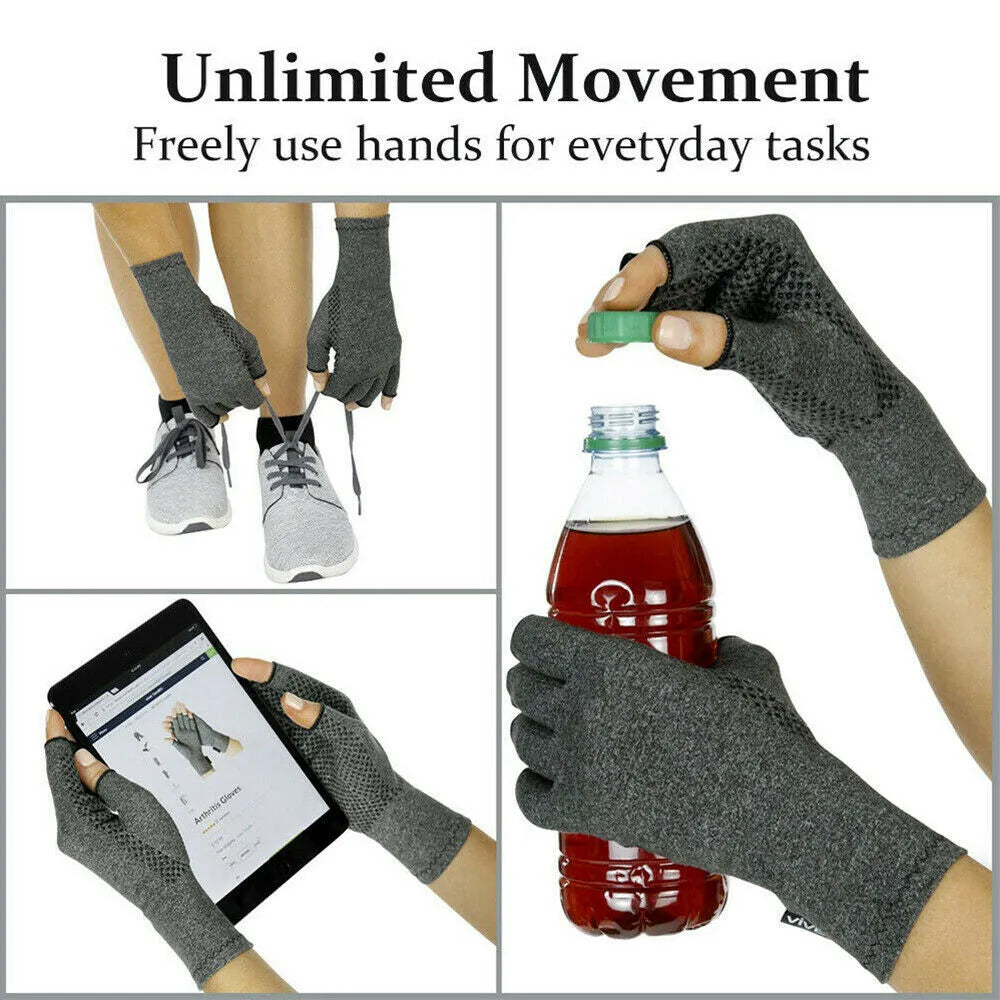 Grey half finger joint compression gloves with anti-slip surface and therapeutic support