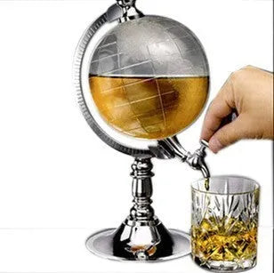 Transparent globe wine decanter dispenser with silver chrome stand and plastic body on a table